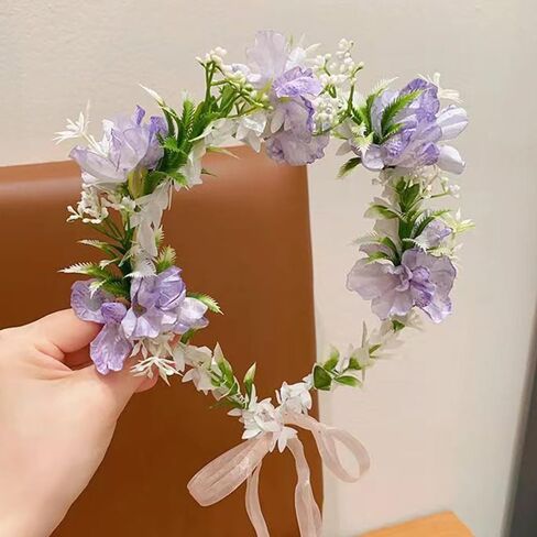 التاج الأهوني للنساء والفتيات الزهور عداد الشعر الزهور Flower Flower Girl Headpiece الزفاف إكسسوارات الشعر - الأرجواني in Kuwait