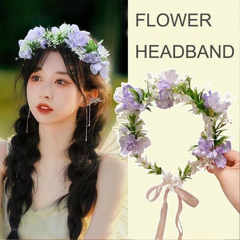 التاج الأهوني للنساء والفتيات الزهور عداد الشعر الزهور Flower Flower Girl Headpiece الزفاف إكسسوارات الشعر - الأرجواني in Kuwait