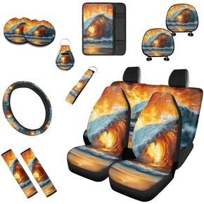 3D Splashing Butterfly 13 PCS Car Seat Cover Artistic Morpho Full Set Front Back Seat Covers Butterflies Art Steering Wheel Cover, Cup Coaster Seat Belt Pads