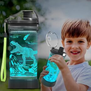 زجاجة مياه على شكل ديناصور أمونيت للأطفال مع ضوء LED متوهج ثلاثي الأبعاد - 14 أونصة من تريتان خالية من البيسفينول - هدية مثالية مبتكرة للسفر على شكل ديناصور جوراسي للمدرسة والأطفال الصغار وعطلات التخييم والنزهات
