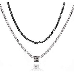 قلادة جاليس للرجال - مجموعة مكونة من عقدين من سلسلة الفولاذ المقاوم للصدأ للرجال - مجموعة قلادات قصيرة سوداء وطويلة من الفضة للرجال، سلسلة مطلية بالفضة مع قلادة مثلثة من العقيق الأسود للرجال in Kuwait