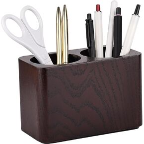 Oak Solid Wood Pen &Pencil Holder for Desk, Office Stationery Organizer, Table Pencil Cup Stand,Desk Accessories Holder, Two Cups Practical Design. (Espresso)