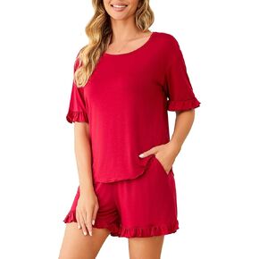 Womens Pajamas Set Short Sleeve Top and Ruffled Shorts Sleepwear with Pockets Two Piece Matching Outfits Set