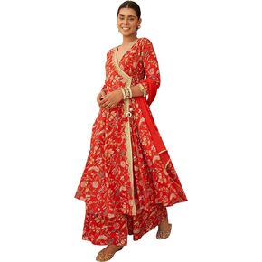 Janasya Indian Women's Violet Cotton Floral Printed Kurta with Palazzo and Dupatta