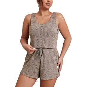 WDIRARA Women's Plus Size Sleepwear Button Sleeveless Tank Top and Shorts Rib Knit Pajama Set
