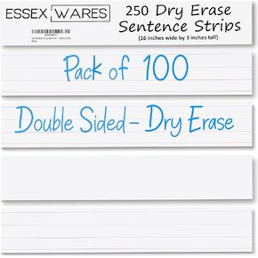 250 Pack, 16" Wide x 3" Tall Dry Erase Sentence Strips - Sentence Strips Cardstock - Reusable & Double Sided (Ruled & Blank) White Sentence Strips for The Classroom, Home, Office
