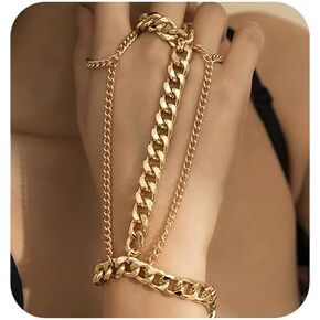 Charm Punk Cuban Ring Slave Bracelet Vintage Gold Flat Cuban Hand Chain with Finger Ring for Women and Girls Set of 1