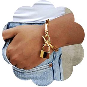 Punk Gold Lock Pendant Bracelet Chunky Padlock Bracetlet OT Buckle Chain Bracelet Boho Paperclip Chain Bracelets Jewelry for Women Teen Girls