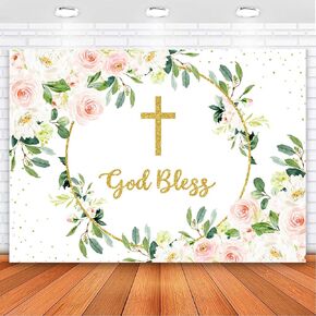 Avezano God Bless Backdrop for Girls Mi Bautizo Backdrop Blush Pink Floral Greenery Baptism Photography Background First Holy Communion Christening Party Decorations Photoshoot (7x5ft)