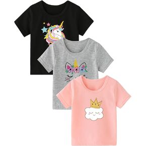 Floerns Girl's 3 Pcs Cartoon Print Short Sleeve Crewneck Tee Shirt