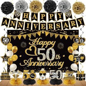 Happy 50th Anniversary Decorations Kit, Black Gold 50th Wedding Anniversary Party Supplies - Large Happy 50th Anniversary Banner Backdrop, Table Centerpieces, Hanging Swirl, Parper Pompoms