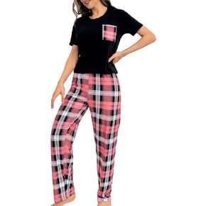 SweatyRocks Women's 2 Piece Pajama Set Plaid Print Short Sleeve Top and Pants PJ Sets