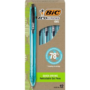 BIC Ecolutions Gel Pens, Medium Point (1.0mm), 12-Count Pack, Retractable Assorted Ink Pens Made from 78% Ocean-Bound Recycled Plastic Excluding Ink Cartridge
