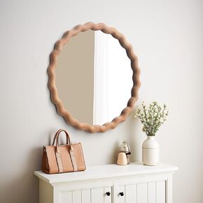 sawsile Natural Wood Round Mirror 20" Decorative Rustic Large Circle Waved Mirror Irregular Farmhouse Mirror for Living Room, Fireplace,Hallway,Farmhouse