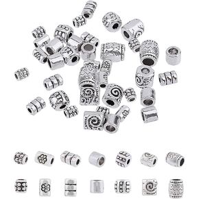 PH PandaHall 260pcs 7 Style Tibetan Spacer Beads Antique Silver Column Alloy Tube Metal Spacers European Large Hole Loose Beads Spacers for Bracelet Necklace Jewelry Supplies, Hole: 1.5~3.5mm