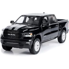 Toy 2019 RAM 1500 Laramie Crew Cab Pickup Truck Black with Silver Stripes 1/24 Diecast Model Car by Motormax 79357, 79357BK-S