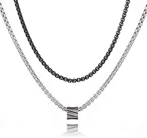 قلادة جاليس للرجال - مجموعة مكونة من عقدين من سلسلة الفولاذ المقاوم للصدأ للرجال - مجموعة قلادات قصيرة سوداء وطويلة من الفضة للرجال، سلسلة مطلية بالفضة مع قلادة مثلثة من العقيق الأسود للرجال in Kuwait