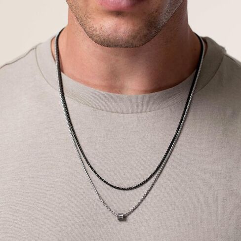 قلادة جاليس للرجال - مجموعة مكونة من عقدين من سلسلة الفولاذ المقاوم للصدأ للرجال - مجموعة قلادات قصيرة سوداء وطويلة من الفضة للرجال، سلسلة مطلية بالفضة مع قلادة مثلثة من العقيق الأسود للرجال in Kuwait