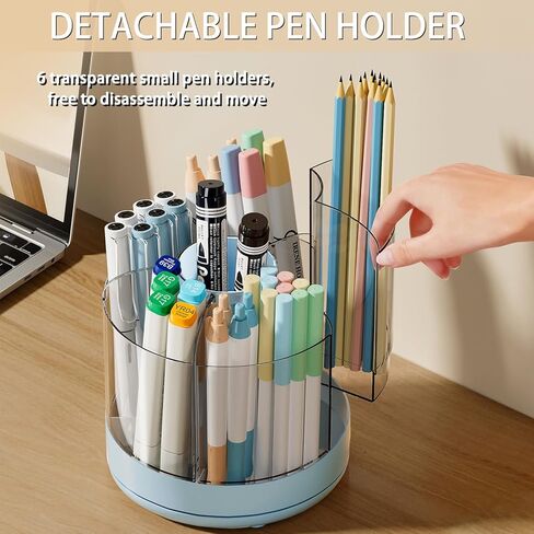 حامل أقلام يدور 360 درجة من جيانوتير، حامل أقلام رصاص 6 فتحات للمكتب، منظمات مكتبية وإكسسوارات للوازم المكتبية، صندوق تخزين مستلزمات المكتب المنزلي (أزرق) in Kuwait