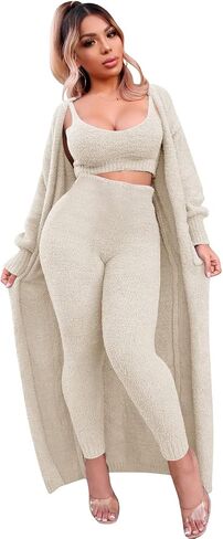 yidengymx المرأة غامض 3 قطعة Sweatsuit الصوف مفتوحة الجبهة سترة المحاصيل قمم و Bodycon السراويل الطويلة مجموعات ملابس الاسترخاء للنساء، الخريف الشتاء منامة ثلاث قطع ملابس رياضية متماسكة in Saudi Arabia