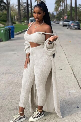 yidengymx المرأة غامض 3 قطعة Sweatsuit الصوف مفتوحة الجبهة سترة المحاصيل قمم و Bodycon السراويل الطويلة مجموعات ملابس الاسترخاء للنساء، الخريف الشتاء منامة ثلاث قطع ملابس رياضية متماسكة in Saudi Arabia