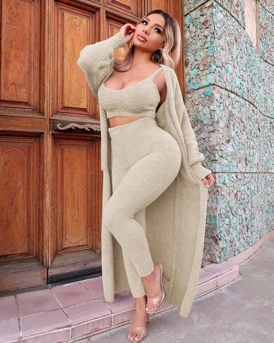 yidengymx المرأة غامض 3 قطعة Sweatsuit الصوف مفتوحة الجبهة سترة المحاصيل قمم و Bodycon السراويل الطويلة مجموعات ملابس الاسترخاء للنساء، الخريف الشتاء منامة ثلاث قطع ملابس رياضية متماسكة in Saudi Arabia