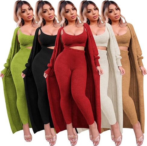 yidengymx المرأة غامض 3 قطعة Sweatsuit الصوف مفتوحة الجبهة سترة المحاصيل قمم و Bodycon السراويل الطويلة مجموعات ملابس الاسترخاء للنساء، الخريف الشتاء منامة ثلاث قطع ملابس رياضية متماسكة in Saudi Arabia