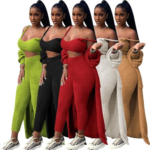 yidengymx المرأة غامض 3 قطعة Sweatsuit الصوف مفتوحة الجبهة سترة المحاصيل قمم و Bodycon السراويل الطويلة مجموعات ملابس الاسترخاء للنساء، الخريف الشتاء منامة ثلاث قطع ملابس رياضية متماسكة in Saudi Arabia