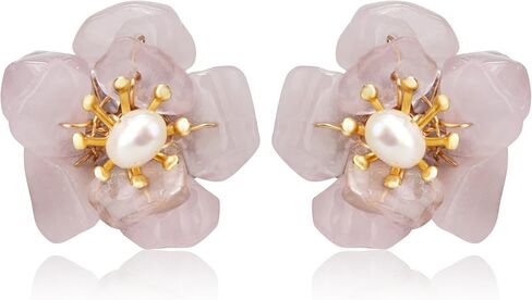 ELEXIS Green Real Jade Stud Earrings For Women Trendy Crystal Gemstone Betsey Johnson Unique Van Cleef Dainty Emerald Jewelry Set For Girls Bling Daisy… (Baroque Pearl) in Saudi Arabia
