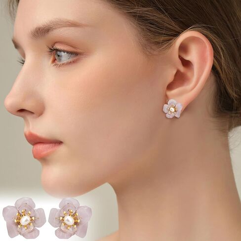ELEXIS Green Real Jade Stud Earrings For Women Trendy Crystal Gemstone Betsey Johnson Unique Van Cleef Dainty Emerald Jewelry Set For Girls Bling Daisy… (Baroque Pearl) in Saudi Arabia