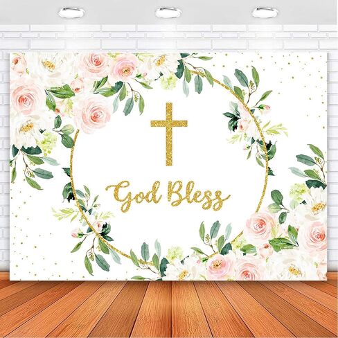 Avezano God Bless خلفية للفتيات Mi Bautizo خلفية أحمر الخدود الوردي الزهور الخضراء المعمودية خلفية التصوير الفوتوغرافي أول بالتواصل المقدس زينة حفلات التعميد التقطت الصور (7 × 5 قدم) in Kuwait