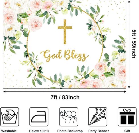 Avezano God Bless خلفية للفتيات Mi Bautizo خلفية أحمر الخدود الوردي الزهور الخضراء المعمودية خلفية التصوير الفوتوغرافي أول بالتواصل المقدس زينة حفلات التعميد التقطت الصور (7 × 5 قدم) in Kuwait