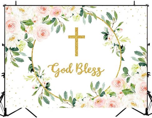 Avezano God Bless خلفية للفتيات Mi Bautizo خلفية أحمر الخدود الوردي الزهور الخضراء المعمودية خلفية التصوير الفوتوغرافي أول بالتواصل المقدس زينة حفلات التعميد التقطت الصور (7 × 5 قدم) in Kuwait