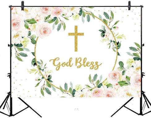 Avezano God Bless خلفية للفتيات Mi Bautizo خلفية أحمر الخدود الوردي الزهور الخضراء المعمودية خلفية التصوير الفوتوغرافي أول بالتواصل المقدس زينة حفلات التعميد التقطت الصور (7 × 5 قدم) in Kuwait