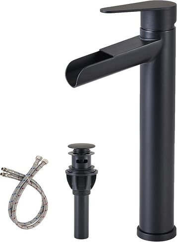 hotis سفينة بالوعة الحنفية، ماتي الأسود صنبور الحمام الشلال، طويل القامة الجسم ثقب واحد مقبض واحد RV صنبور الحمام، مرحاض الغرور وعاء بالوعة صنبور مع استنزاف المنبثقة وخط العرض خراطيم 3/8 " in Kuwait