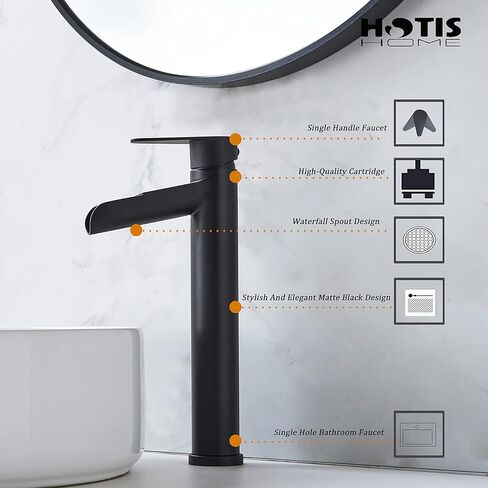 hotis سفينة بالوعة الحنفية، ماتي الأسود صنبور الحمام الشلال، طويل القامة الجسم ثقب واحد مقبض واحد RV صنبور الحمام، مرحاض الغرور وعاء بالوعة صنبور مع استنزاف المنبثقة وخط العرض خراطيم 3/8 " in Kuwait