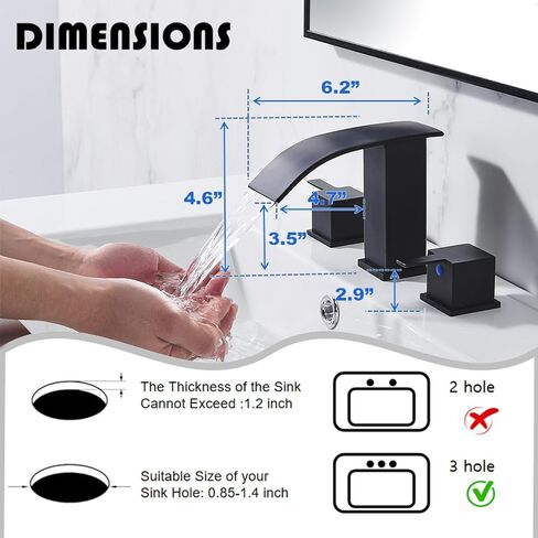 hotis ماتي الأسود شلال الحمام صنبور 3 حفرة، الحديثة 8 بوصة واسعة النطاق الحمام بالوعة الحنفية، 2 مقابض مرحاض الغرور بالوعة الحنفية مع المنبثقة استنزاف وخطوط العرض in Kuwait
