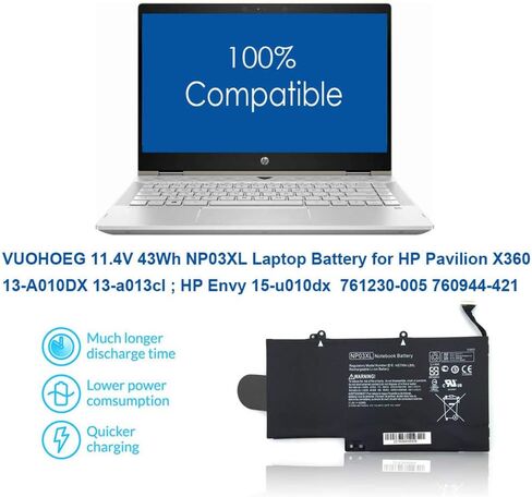 استبدال بطارية الكمبيوتر المحمول 11.4V 43Wh NP03XL لجهاز HP Pavilion X360 13-A010DX 13-a013cl 13-A110DX؛ اتش بي انفي 15-u010dx 15-u011dx 761230-005 760944-421 HSTNN-LB6L in Kuwait