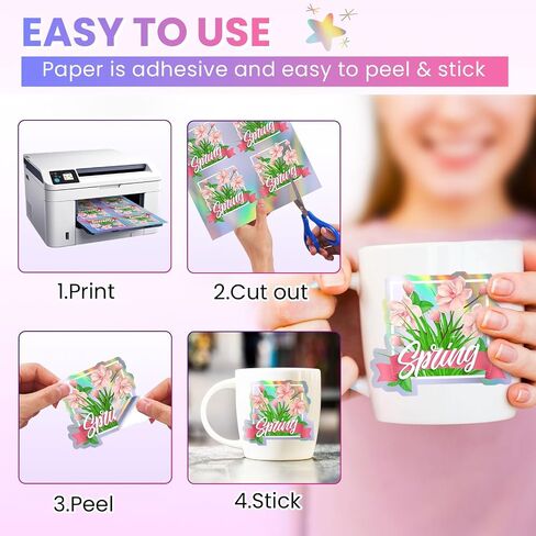 20 Sheets Holographic Sticker Paper, A4 Vinyl Sticker Paper Self Adhesive Holographic Laminate Sheets for Inkjet & Laser Printer, Waterproof Holographic Overlay Film for DIY Projects in Saudi Arabia