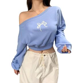 Women's Off The Shoulder Sweatshirts Bow Long Sleeve Pullover Tops Cropped Sweatshirt Fall Tops in Saudi Arabia