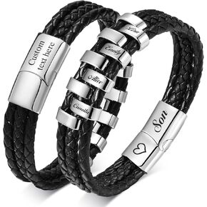 MEALGUET Personalized Cuff Bracelet for Men : Custom 1-9 Names Beads Genuine Braided Leather Bracelet Wristband for him,Customized Gifts for Dad Son Husband Boyfriend Brother Grandson Grandpa Uncle in Saudi Arabia