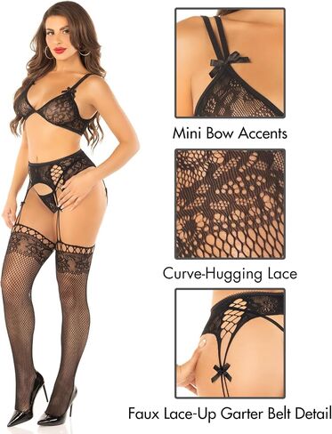 أغنية Leg Avenue Women's 3 PC Love Song مطابقة حمالة الصدر واللباس الداخلي للنساء Top Bra مع جوارب زواج G-String in Saudi Arabia