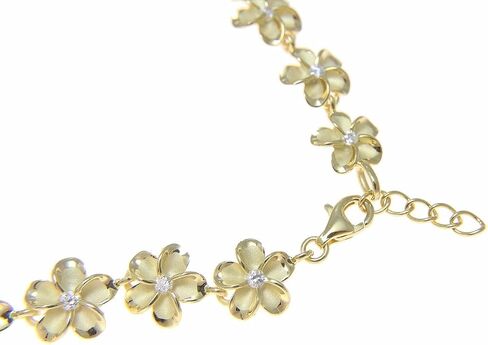 Arthur's Jewelry 925 sterling silver yellow gold plated Hawaiian 10mm cz plumeria flower anklet 9.5"+ in Saudi Arabia