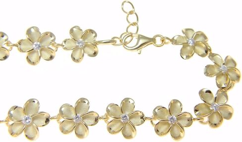 Arthur's Jewelry 925 sterling silver yellow gold plated Hawaiian 10mm cz plumeria flower anklet 9.5"+ in Saudi Arabia