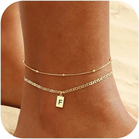 VIROMY Initial Ankle Bracelets for Women Gold Letter Anklets Handmade Layered Bead Link Tag Initial Anklets Jewelry Gift in Kuwait