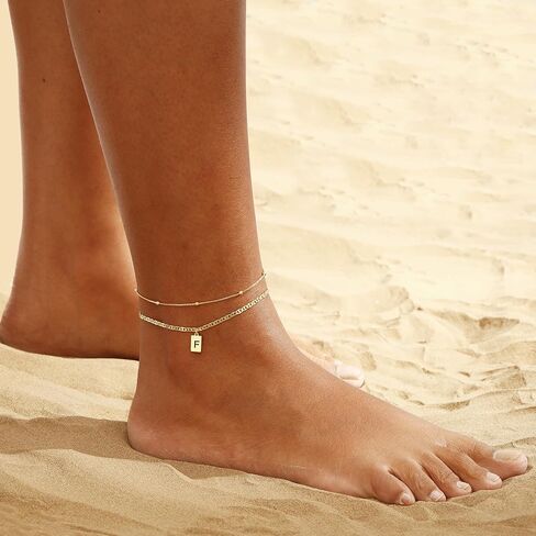 VIROMY Initial Ankle Bracelets for Women Gold Letter Anklets Handmade Layered Bead Link Tag Initial Anklets Jewelry Gift in Kuwait