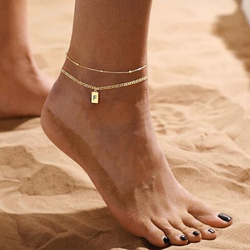 VIROMY Initial Ankle Bracelets for Women Gold Letter Anklets Handmade Layered Bead Link Tag Initial Anklets Jewelry Gift in Kuwait