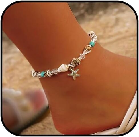 Starfish Shell Anklet for Women Adjustable Conch Anklet Turquoise Ankle Bracelets for Women Beach Pearl Foot Charm Chain Boho Jewerly for Summer Beach Party in Saudi Arabia