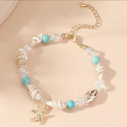 Starfish Shell Anklet for Women Adjustable Conch Anklet Turquoise Ankle Bracelets for Women Beach Pearl Foot Charm Chain Boho Jewerly for Summer Beach Party in Saudi Arabia