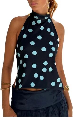 Women Y2k Halter Neck Tank Top Floral Print Backless Cami Top Sleeveless Tie Up Crop Top Summer Streetwear in Saudi Arabia